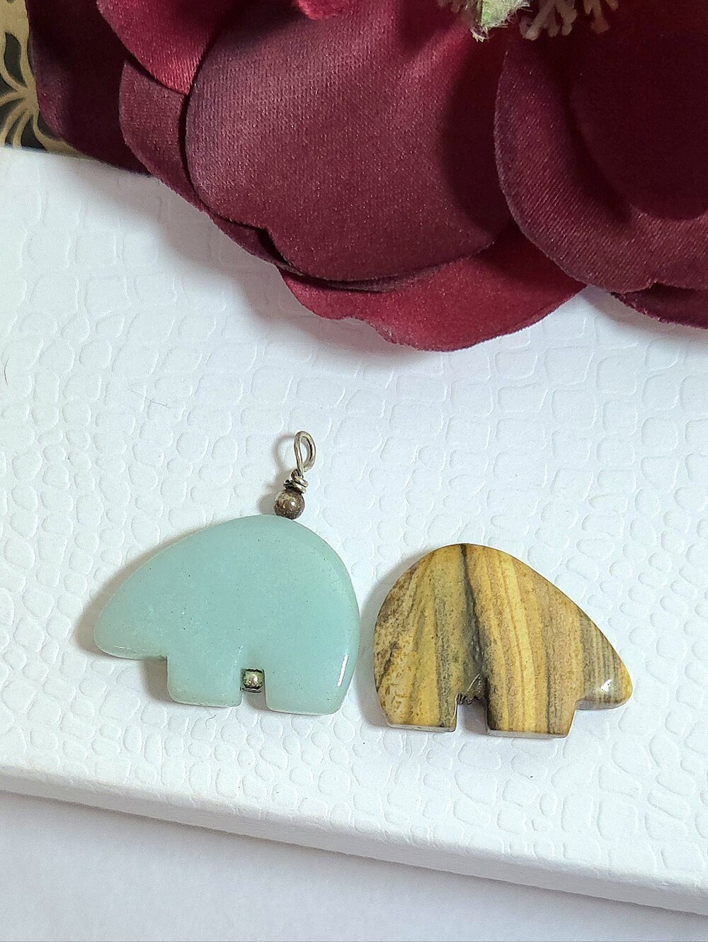 Natural Zebra Jasper & Green Aventurine Zuni Bear Fetish Pendants